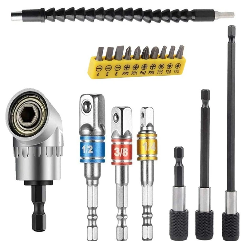 

Flexible Drill Bit Set, 105 degree Right Angle Drill, Bendable Drill Bit Extension, Universal Socket Adapter Set