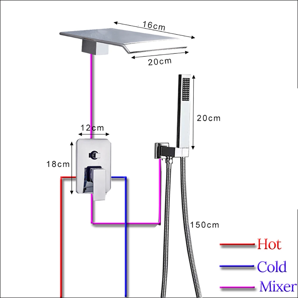 

Chrome Waterfall Shower Faucet Set Wall Mounted Bathroom Mixer Tap Bathroom Shower Set with Handshower