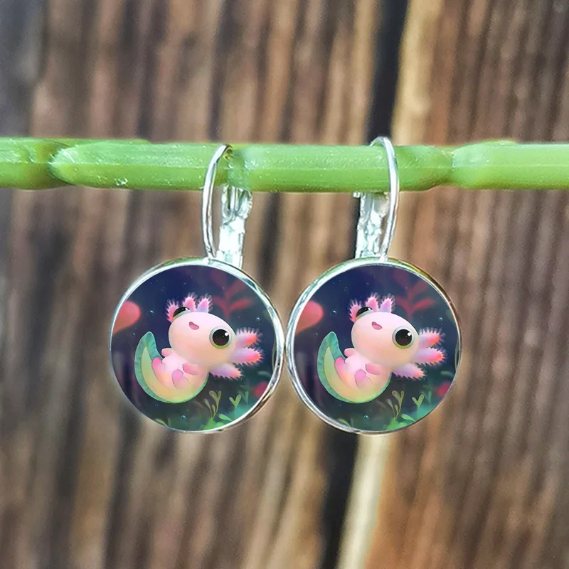 Модные Axolotl серьги милые животные мультфильм узор стекло кабошон висячие для