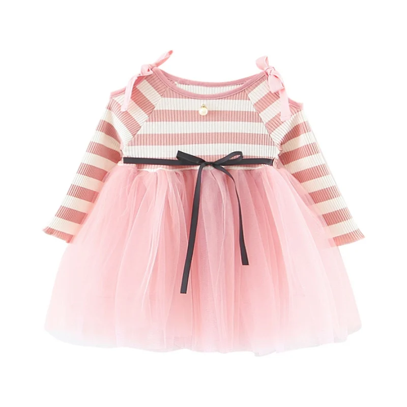 

Baby Girls Dress Spring Children Kids Clothes Stripe Long Sleeve Bowknot Gauze Tutu Girl Mesh Yarn Princess Dresses