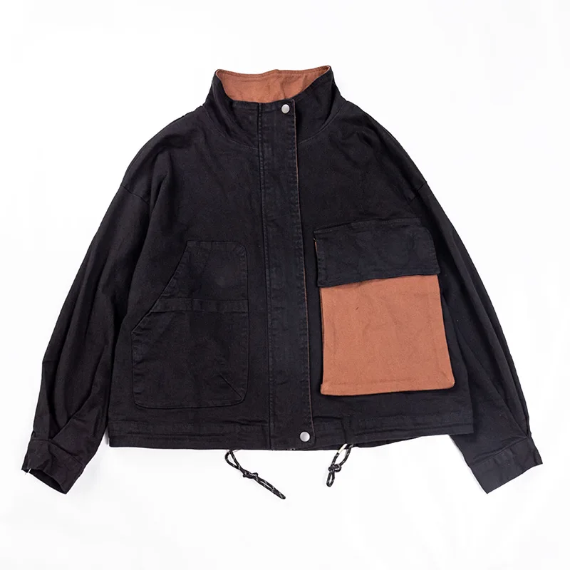 

Vefadisa Casual Women Spliced Jacket 2020 Autumn All-match Loose Jacket Drawstring Hem Patchwork Women Coat Black Khaki QYF4018