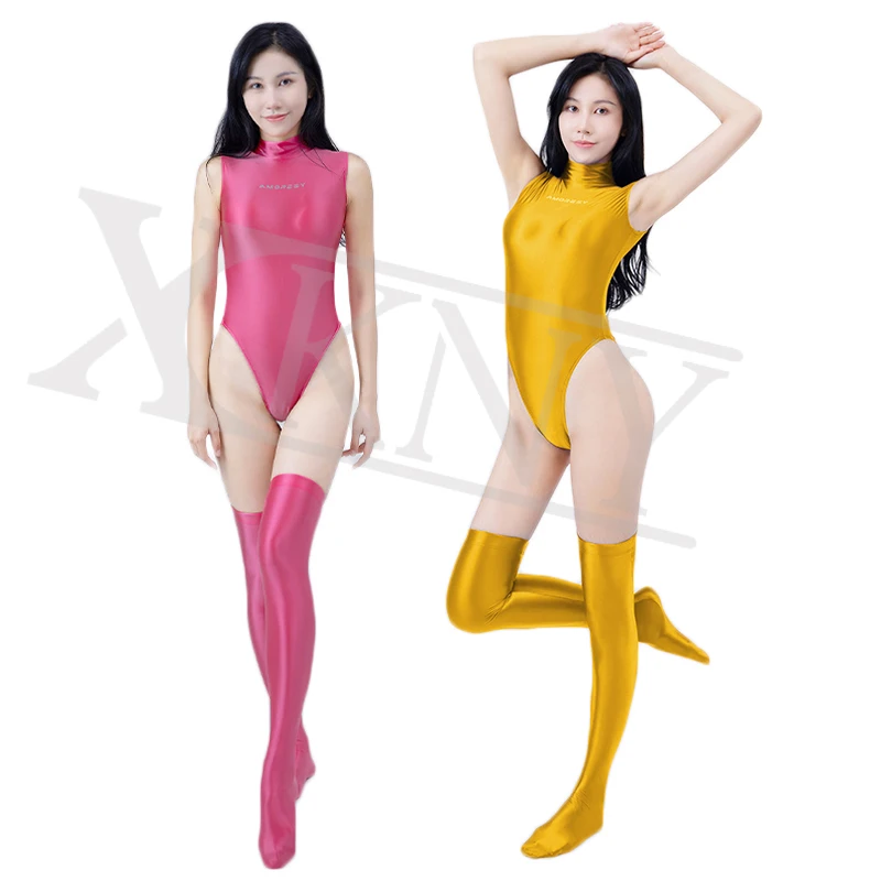 

XCKNY one piece swimsuit sexy tight swimsuit back zipper silky oil glossy swimsuit shiny women's swimsuit