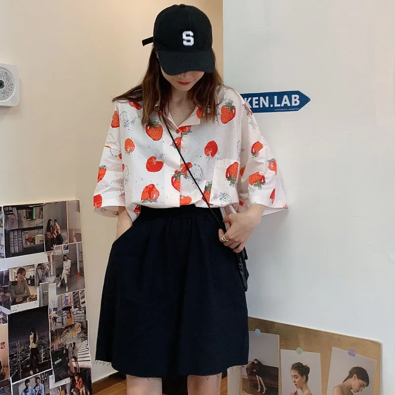 

Summer Shirt Kawaii Japanese Sweet Strawberry Printing Women Blouse Vintage Harajuku Streetwear Cute Short Sleeve Tops Soft Girl