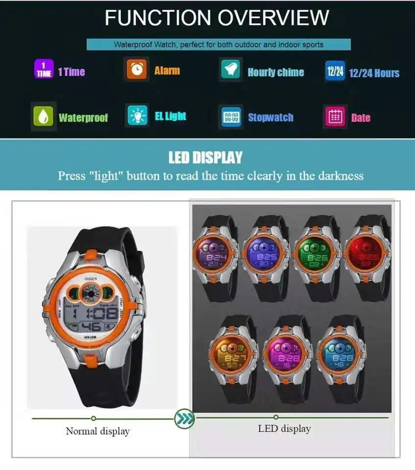 OHSEN детские цифровые спортивные часы с будильником и хронографом светодиодный