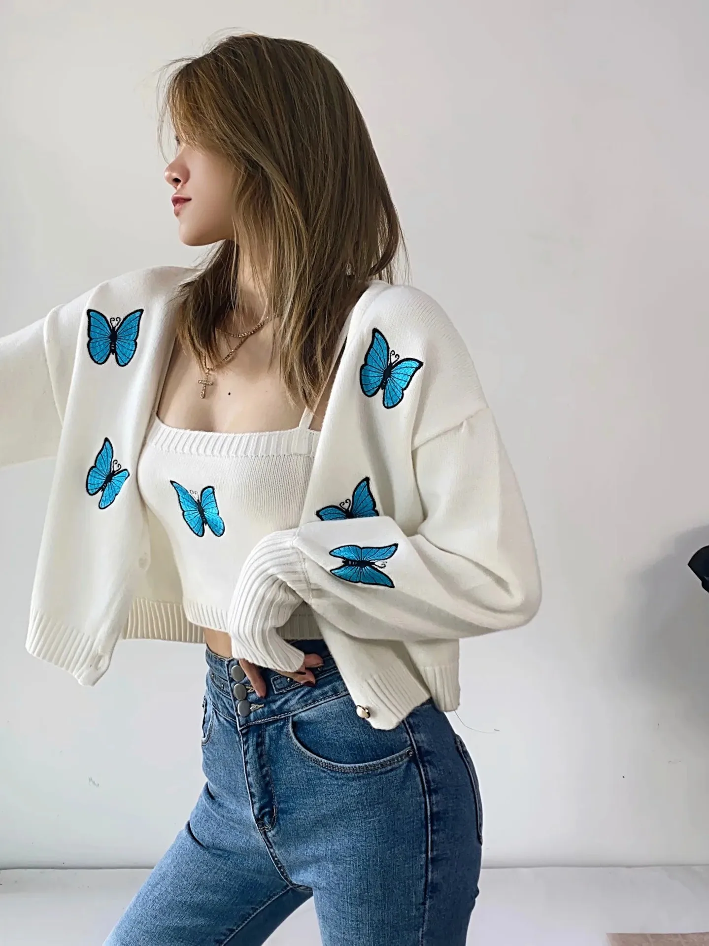 

Women's Elegant Spring Autumn Butterfly Cardigans Long Sleeve Crop Sweater Cardigan + Camisole Ladies Chic Two Pieces Suits