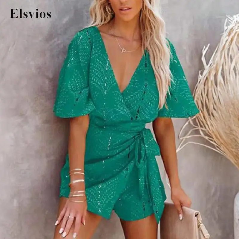 

Sexy Deep V Neck Tie-up Playsuit Bodysuit Summer Elegant Short Sleeve Beach Jumpsuit Casual Women Hollow Backless Romper Overall