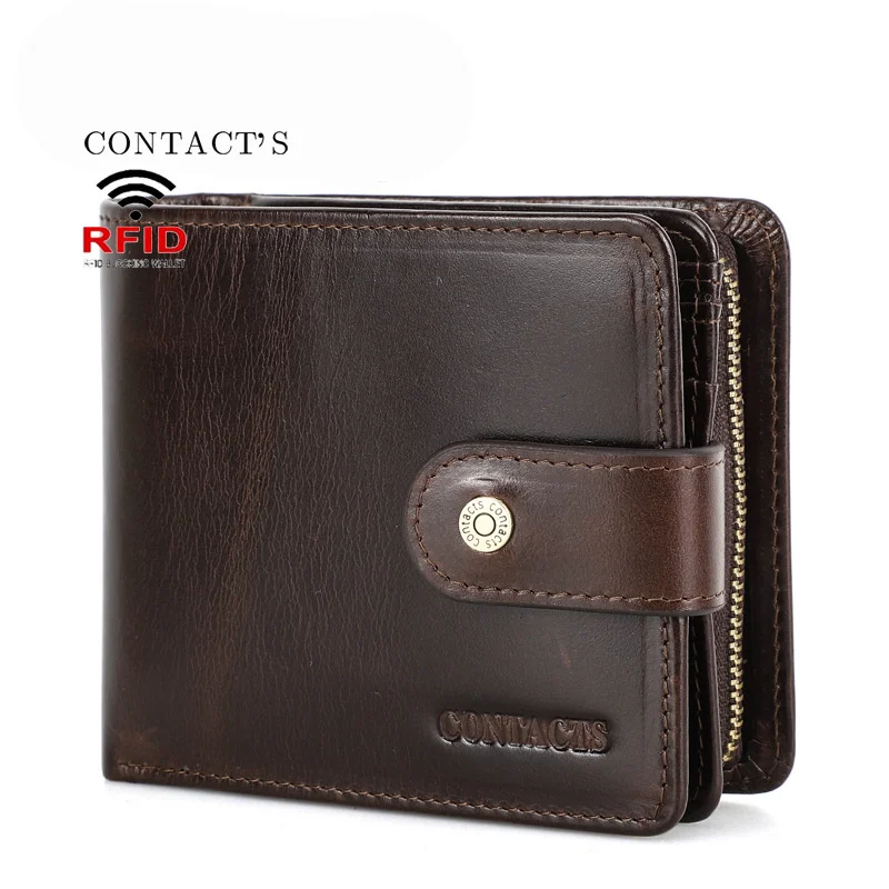 New Cowhide Men's Fashion Anti Theft Brush Wallet High Quality Fashion Buckle Three Fold Purse Genuine Leather Casual Mini Bag