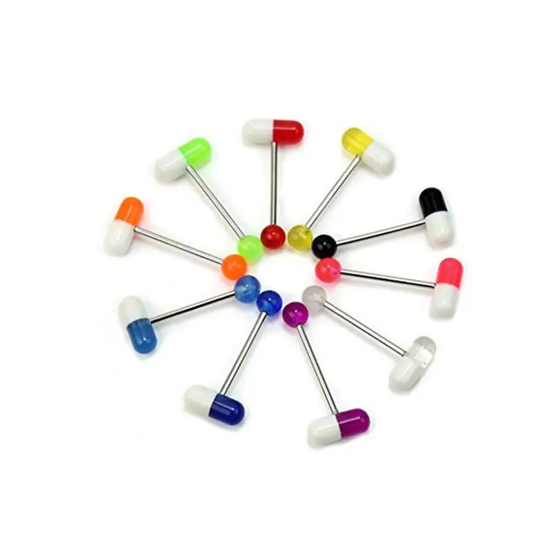 

10 pieces of direct selling new acrylic pill tongue barbell puncture tongue human ring steel body breast nails ri I7H9