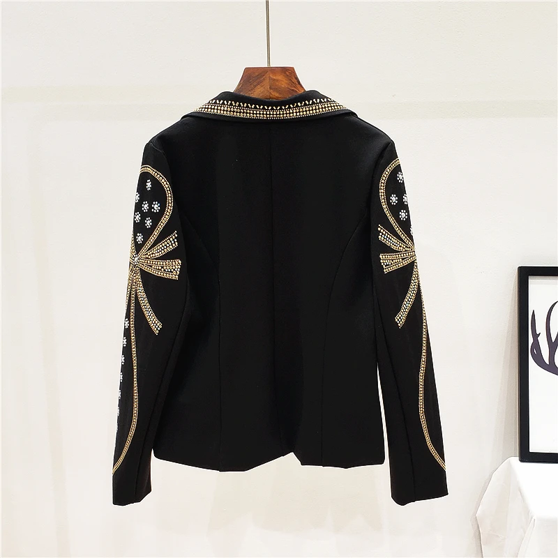 Осенний женский черный Блейзер со стразами Женский Повседневный костюм с