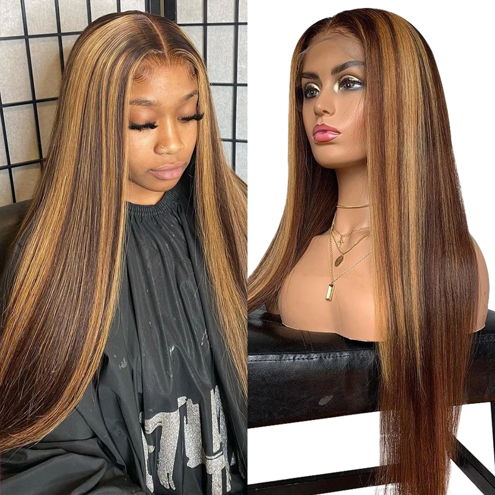 

Highlight Wig Human Hair Brazilian Straight Preplucked Hairline Brown Colored Human Hair Wigs HD T Part Lace Wigs For Women