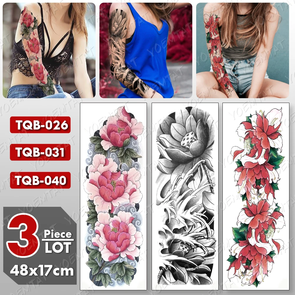 

3 pcs/lot Large Arm Sleeve Tattoo Lotus Peony Waterproof Temporary Tatto Sticker Flower Body Art Full Fake Tatoo Women Men
