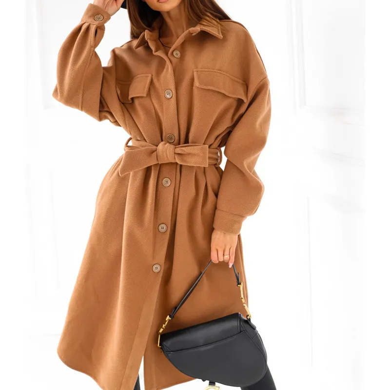 

Женский длинный кардиган на шнуровке, элегантный однотонный шерстяной жакет с отложным воротником и длинными рукавами, Осень-зима