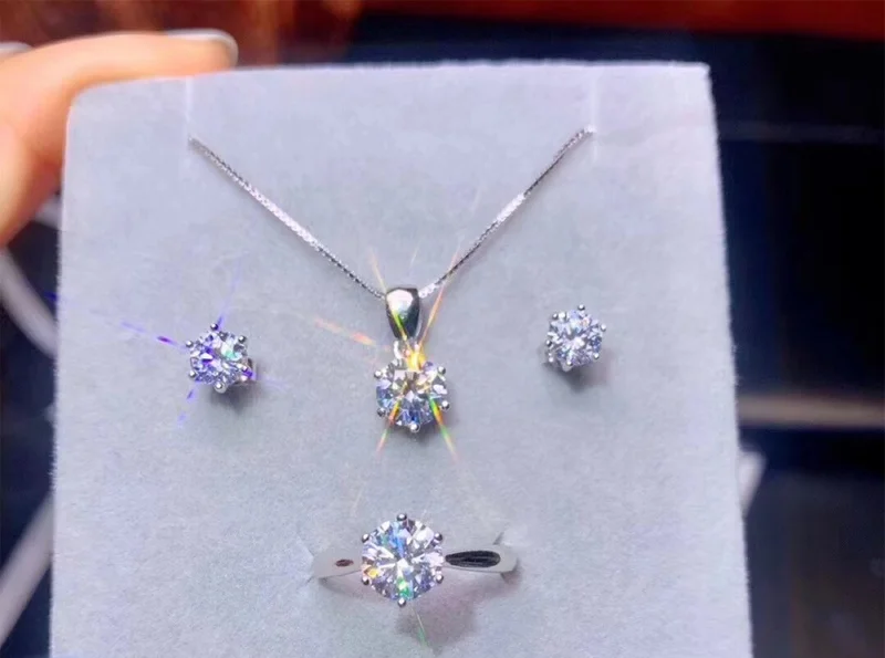 

925 Sterling Silver Ring&Earrings&Necklace Set Inlay 6mm 1.0ct Zirconia Diamond Jewelry Set for Women Earring Set