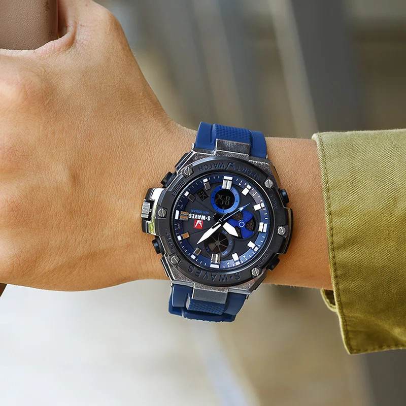 SWAVES ЖК наручные часы мужские водонепроницаемые электронные с двойным дисплеем