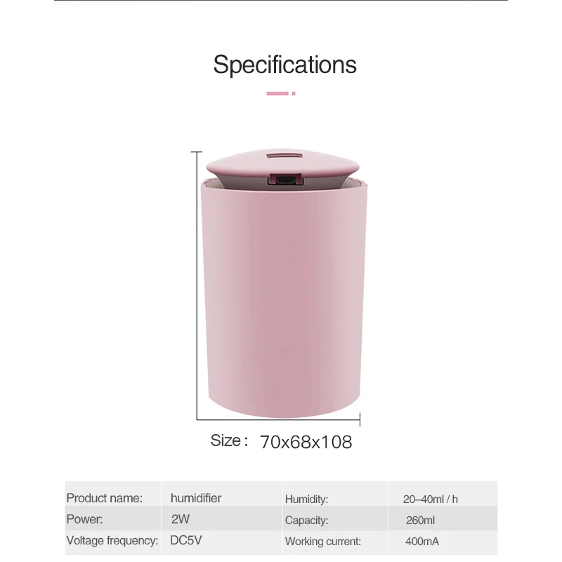 

KBAYBO 260ML Home Air Humidifier Cool Mist Aroma Diffuser with Coloful LED light Heavy fog Ultrasonic USB Humidificador