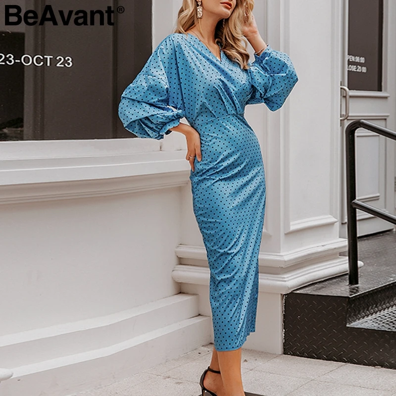 BeAvant Сексуальное Женское Платье с v-образным вырезом элегантный в горошек принт фонарь рукав женское вечернее платье осень тонкое дамское винтажное платье средней длины