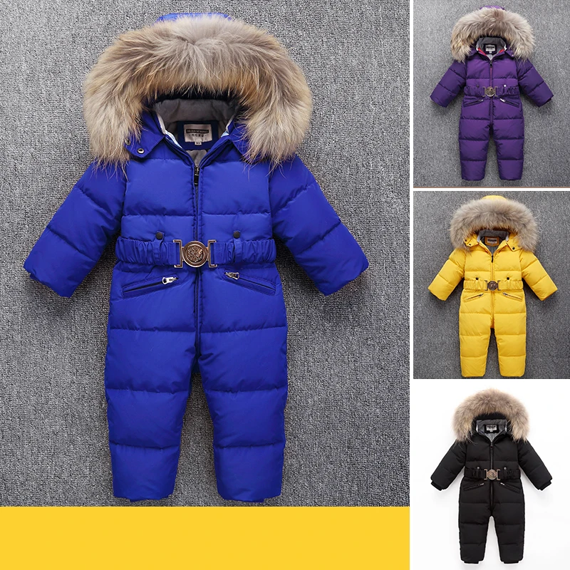 

Children Winter Duck Down Jumpsuit for Baby Boys Girls Snowsuit Rompers Overalls Thick Warm Real Fur Jacket Kids Outerwear Suit