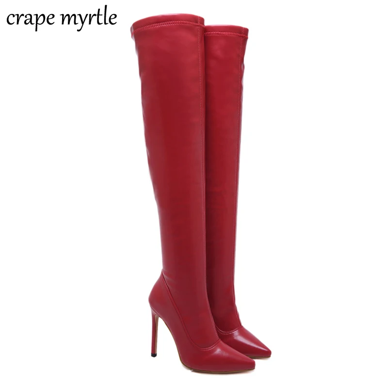 Сапоги выше колена на высоком каблуке Цвет черный красный Женские сапоги до