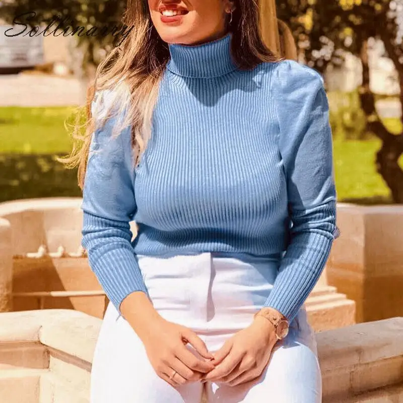 Sollinarry Vintage Turtleneck Women Sweaters Jumper Blue New Fashion Solid Autumn Sweater Winter Female Pullover Black Mujer | Женская