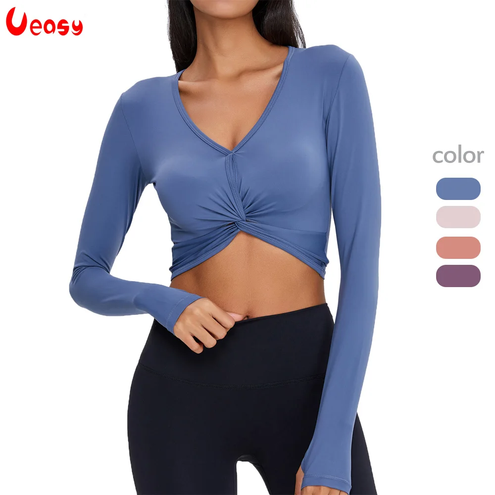 

Women Long Sleeve Crop Top Sexy Exposed Navel Yoga T-shirts Solid Sports Shirts Quick Dry Fitness Gym Running Shirts Sport Wear