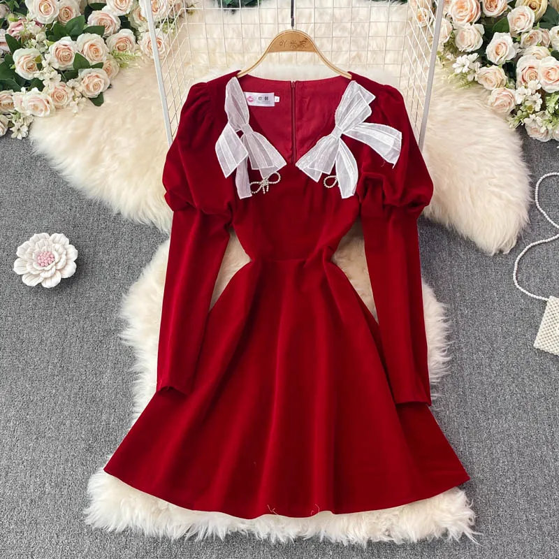 Christmas elegant square-necked gold velvet puff sleeve dress women Winter waist temperament bowknot a-line mini vestido | Женская
