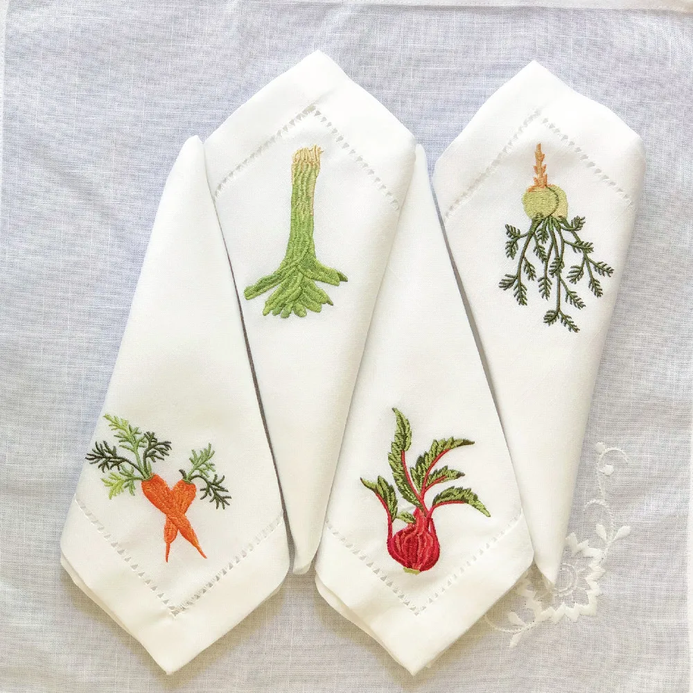 @Vegetable Napkins Hemstitched Embroidery, Linen Look, Table Decor, Beetroot, Fennel, Carrot,Home/Airbnb/Banquets/Hotel