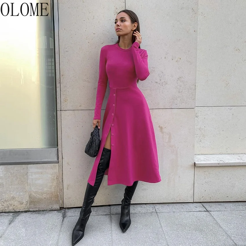 

OLOME Sexy Slit Women Knitted Dress High Waist Button Autumn Winter Dress Ladies Office Elastic Casual Midi Dress women