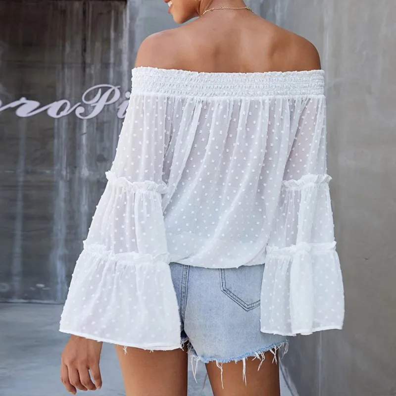 

Spring & Summer Women Solid Color Slash Neck T-shirt Cross-border Small Fresh Elegant New Speaker Long-sleeved Chiffon Top