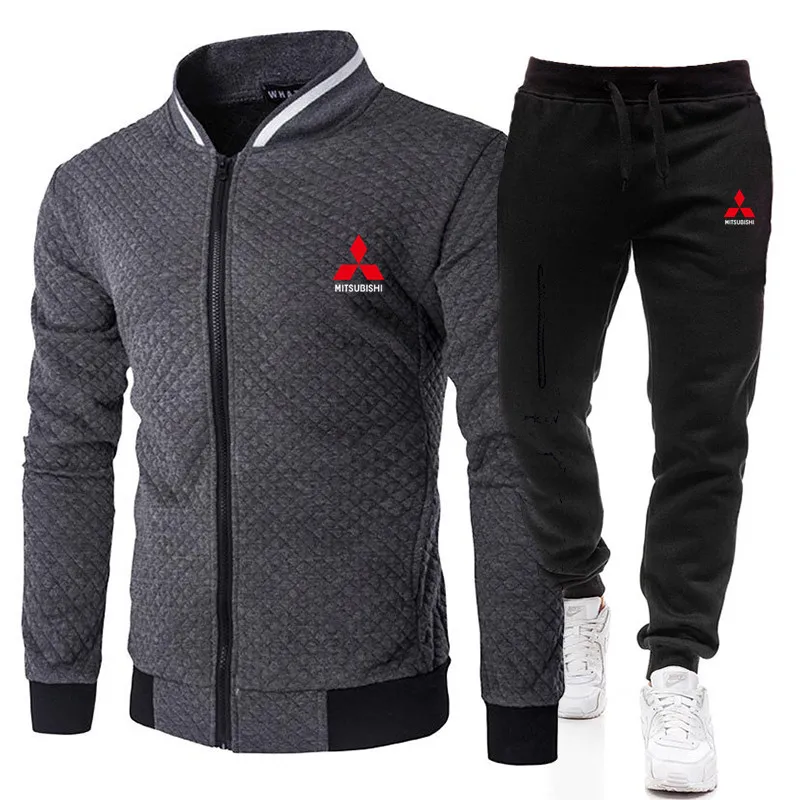 

2021 fashion sports Mitsubishi logo brand printing zipper shirt + trousers suit men's clothing slim sportswear 2-piece set