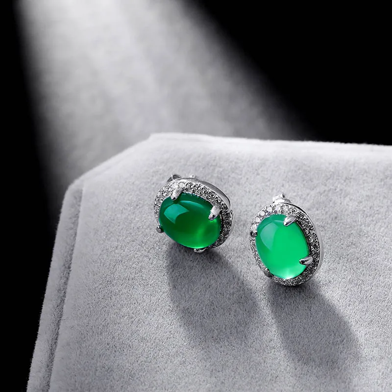 MAIKALE Luxury 925 Sterling Silver Stud Earrings with Cubic Zirconia Green Gem Stone Round Small Earrings for Women Jewelry Gift