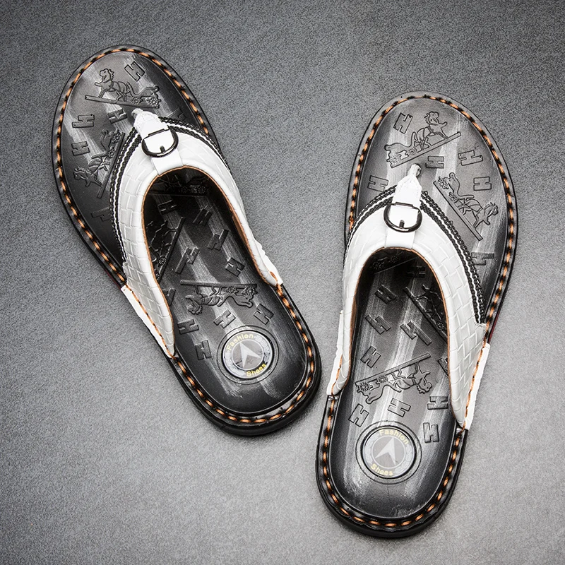 

Мужские шлепанцы из натуральной кожи, пляжные шлепанцы, повседневная Летняя обувь