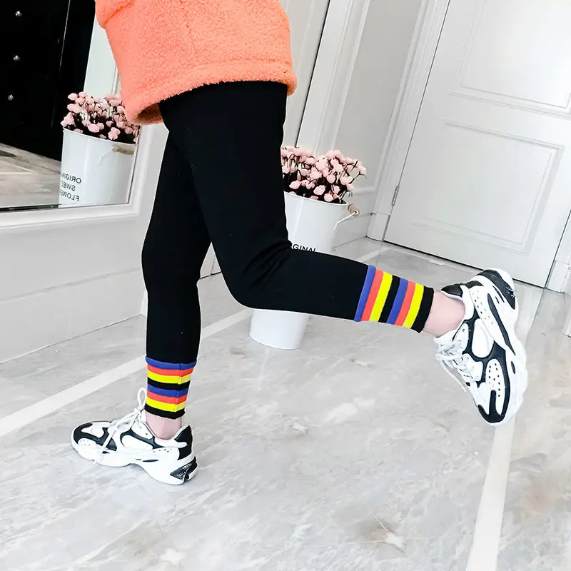 Teenager Winter Warm Legins Girls Rainbow Ribbed Leggings With Stripes Thick Cotton Leggins Infant Girl Clothes 4-14 |