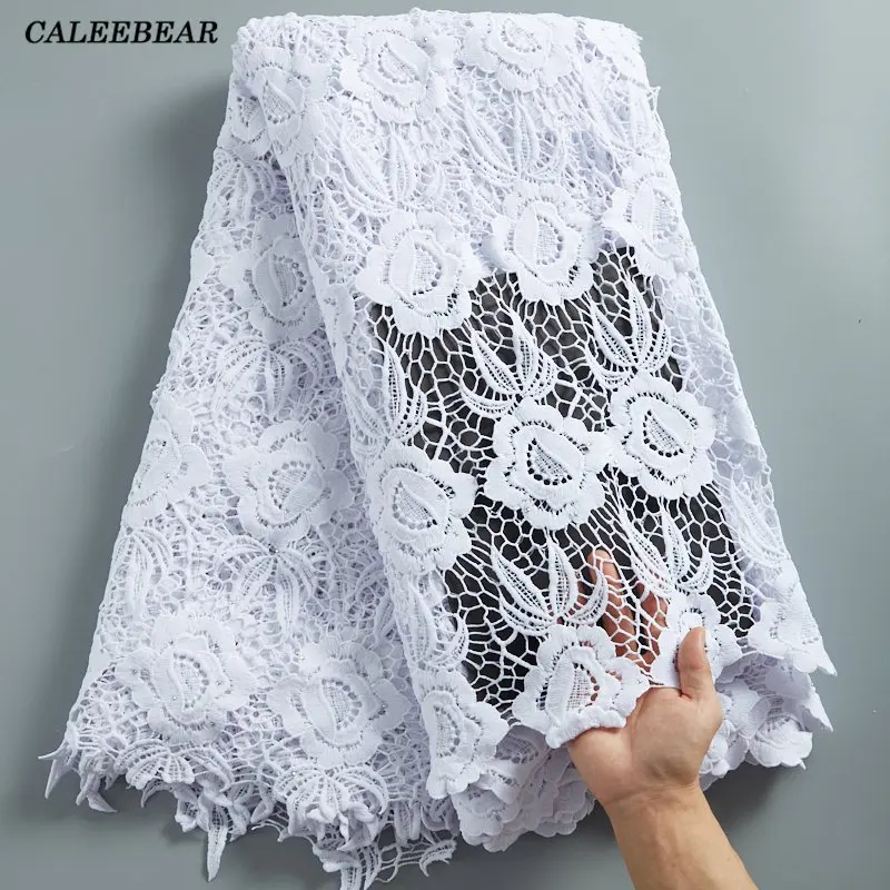 

Pure White Nigerian Guipure Water Soluble Lace Fabric 2021 High Quality Embroidered 5 Yards African Cord Lace Mesh Fabrics S2284