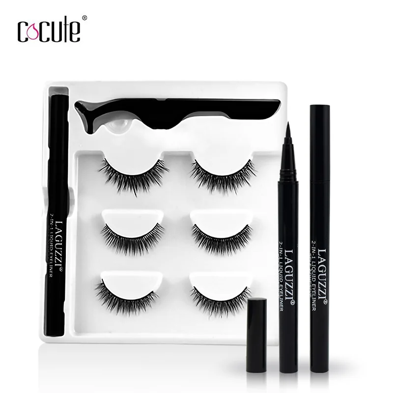 

Cocute 3 Pairs False Eyelashes+1pc Eyeliner Waterproof Long Lasting Black Liquid Thick Eye makeup Kit