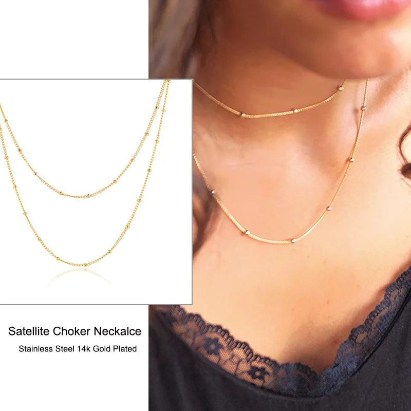 Многослойная цепочка из нержавеющей стали ожерелье с бусинами ошейник золотого