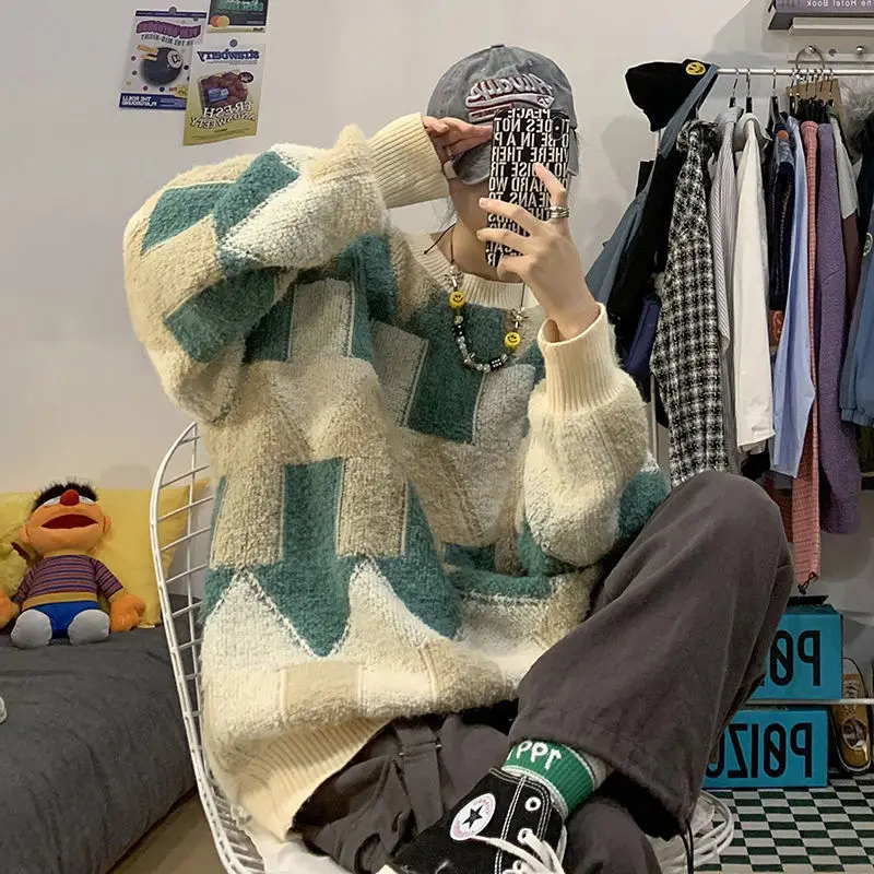 

Женский и мужской жаккардовый свитер, свободный свитер в клетку в Корейском стиле, Осень-зима