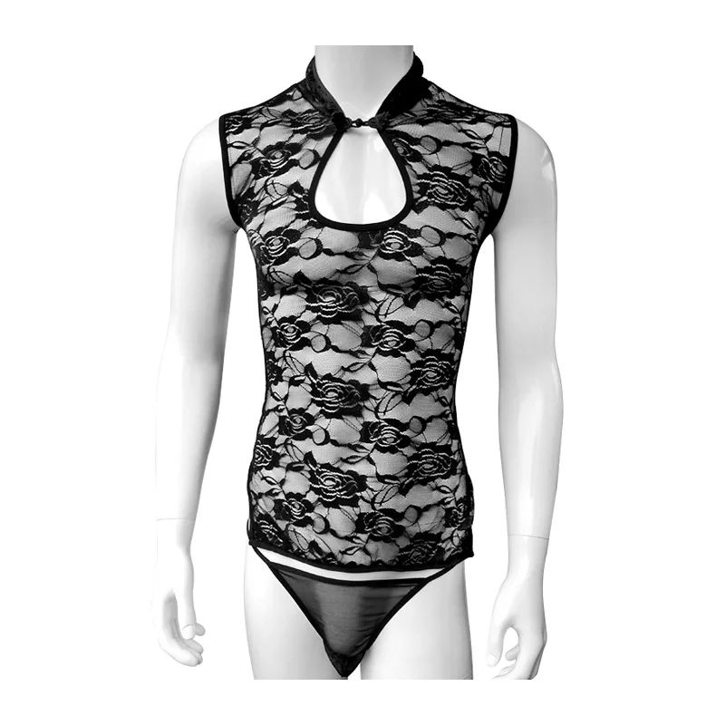 Сексуальное мужское нижнее белье без рукавов Сетчатое кружевное платье с