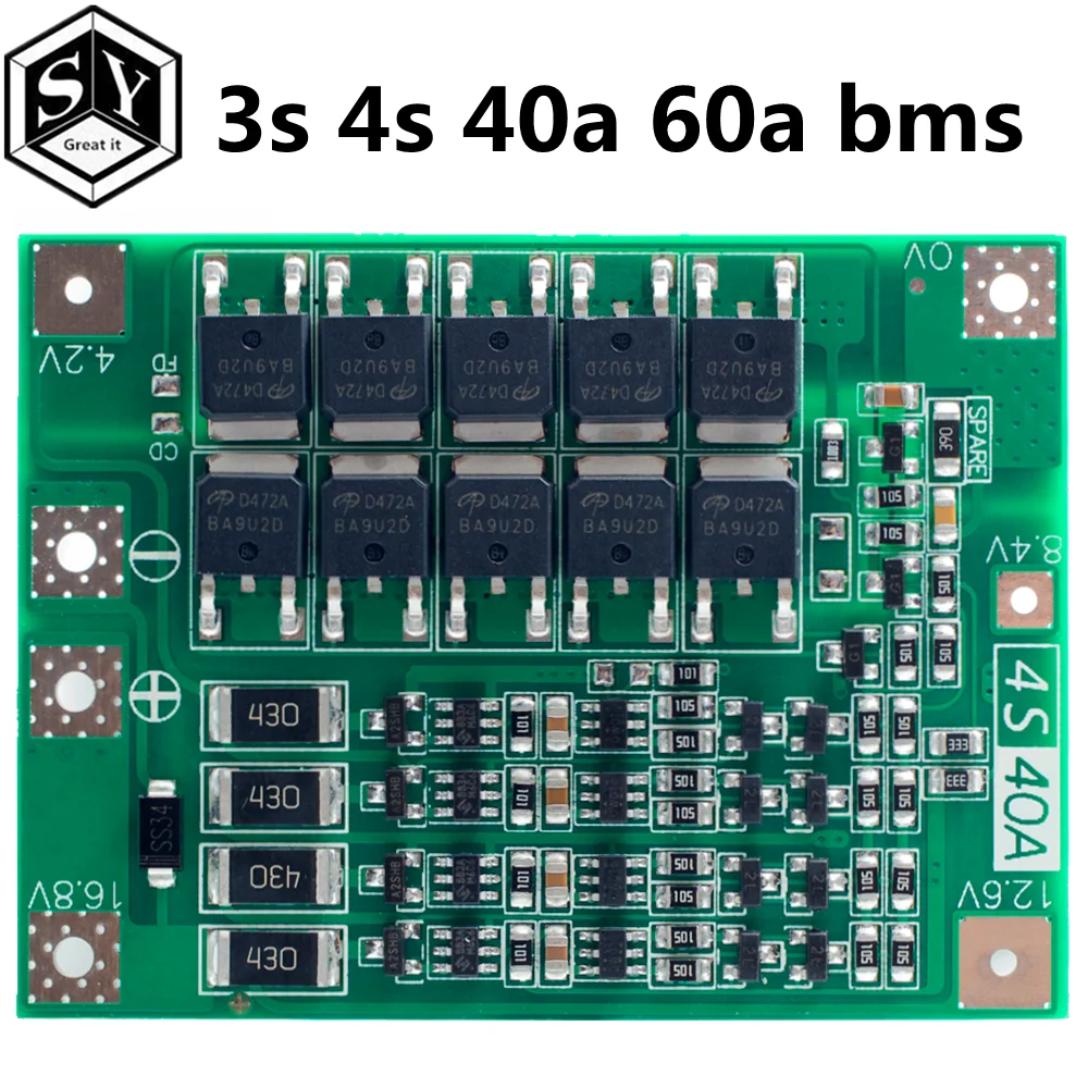 3 S/4S 40A 60A литий-ионный аккумулятор Защитная плата 18650 BMS для электродвигателя 11,1 V 12,6 V/14,8 V 16,8 V