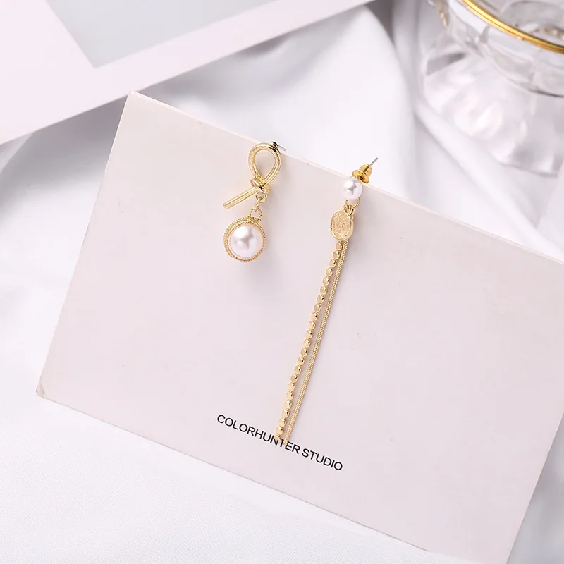 

senior south Korean stud earrings elegant long feeling small asymmetric pearl earring fairy tassels eardrop