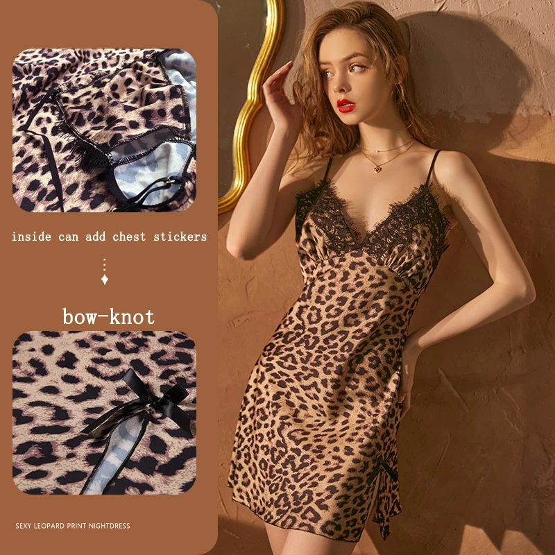 

Women Sexy Leopard Sleepwear Lady V-Neck Lace Sling Sexy Hot Straps Lingerie Nightdress Homewear Nighty Nightclub Style Sling