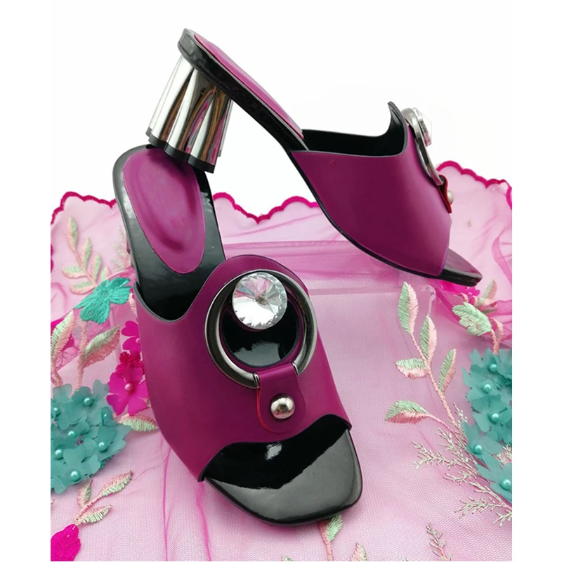 

Latest Italian Style Pu Leather African Women Shoes with Shinning Crystal Nigerian Comfortable Heels for Party in Magenta Color