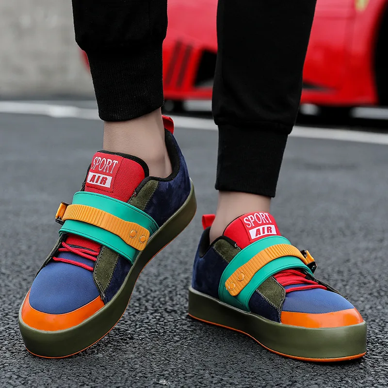 Кроссовки мужские на платформе дышащие сникерсы с цветной пряжкой микрофибра
