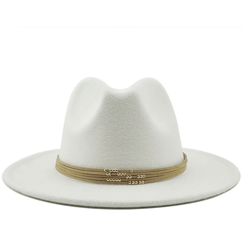 

Jazz Fedora Wool Hats Casual Men Women Leather Suede belt Felt Hat white pink yellow Panama Trilby Formal Party Cap 58-61CM