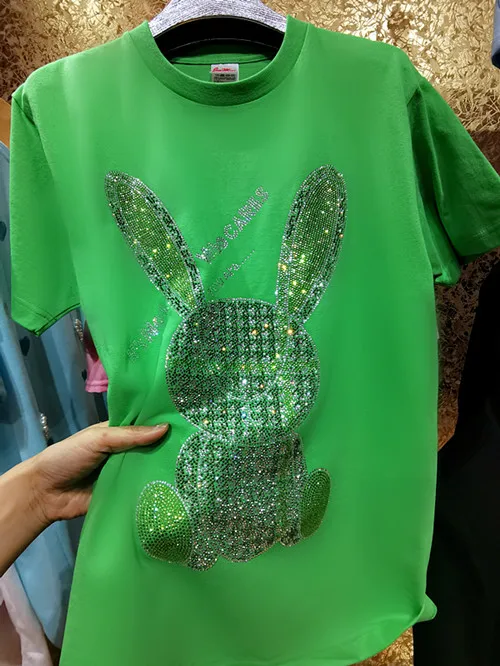 Летняя хлопковая Футболка Стразы с кристаллами женские свободные футболки из