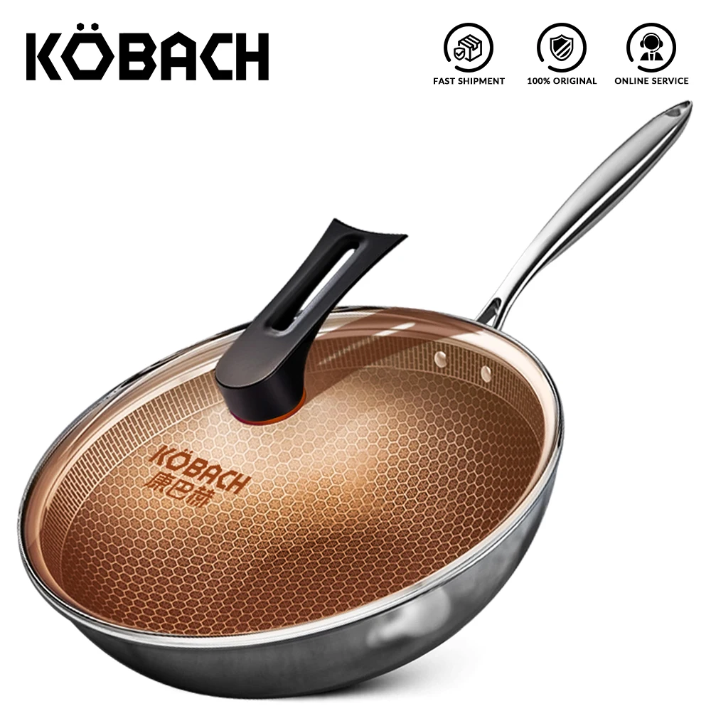 KOBACH-sart&eacute;n antiadherente de 32cm, utensilios de cocina de acero inoxidable, Fondo de panal, wok chino, sart&eacute;n antiadherente con tapa-0