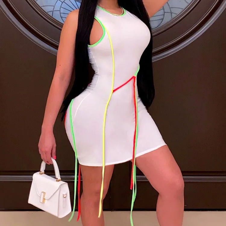 

2021 European and American women's casual sexy tight nightclub color matching fringed vest dress