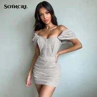 sexy off shoulder bodycon short puff sleeve backless pleated dress women 2022 summer strapless evening party elegant vestido y2k