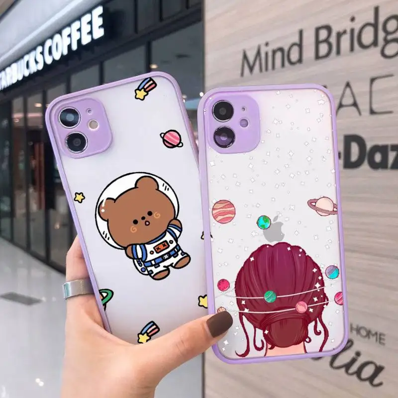

Cute Cartoon Astronaut Planet Phone Case For iPhone 12 11 Mini Pro XR XS Max 7 8 Plus X Matte transparent Purple Back Cover