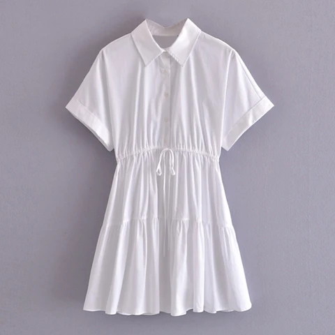 Однотонное повседневное летнее платье-рубашка, женское офисное Хлопковое платье с отложным воротником, платья с коротким рукавом и бантом на резинке на талии