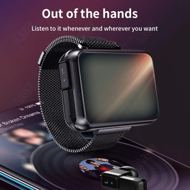 

LIGE 1,4 zoll Widescreen TWS Kopfhörer Smart Uhr Bluetooth Anruf Männer Voller Touch Sport Fitness Tracker Blutdruck Herz Rate